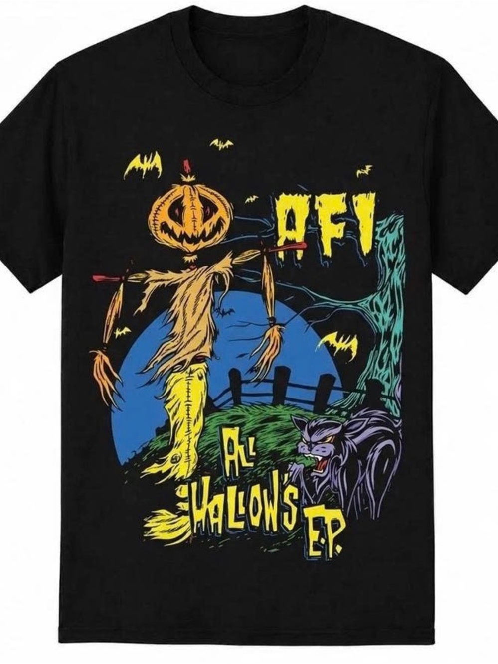 Black Halloween Graphic Tee with Yellow & Blue Artwork